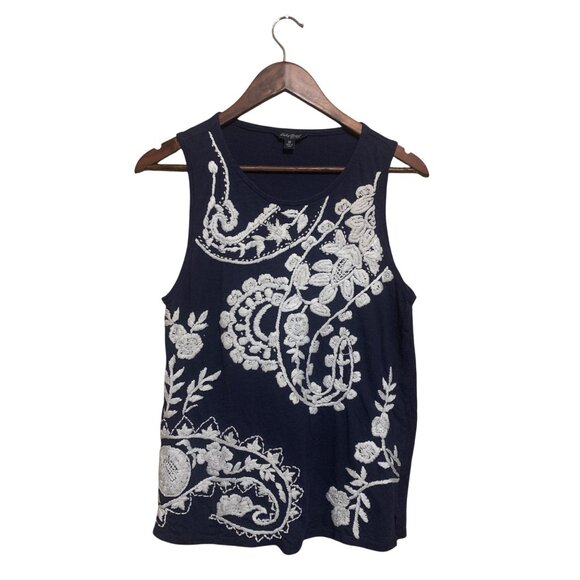 Lucky Brand Women's Top Navy Sleeveless Tank White Floral Embroidery Sz M Boho - Picture 3 of 15